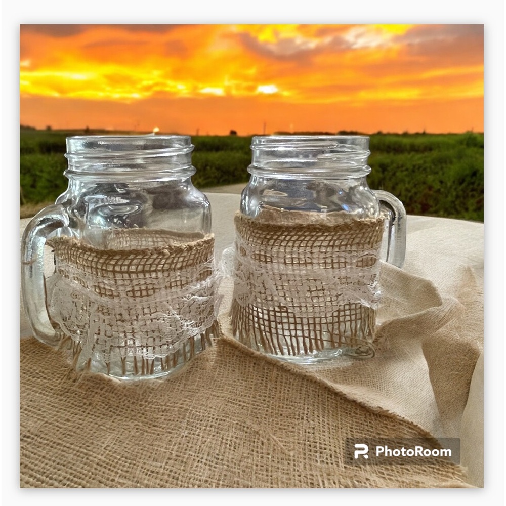 2 Farmhouse Decorative pair of MUGS drink to the next celebration Burlap & Lace